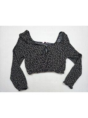 Pink Lily Black & White Floral Crop Top Small Long Sleeve Womens